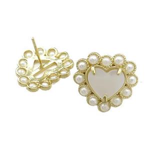Copper Heart Stud Earring Pave White Shell Pearlized Resin Gold Plated, approx 18mm