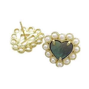 Copper Heart Stud Earring Pave Gray Abalone Shell Pearlized Resin Gold Plated, approx 18mm