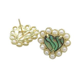 Copper Heart Stud Earring Pave Abalone Shell Pearlized Resin Gold Plated, approx 18mm