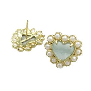 Copper Heart Stud Earring Pave Aquamarine Pearlized Resin Gold Plated, approx 18mm