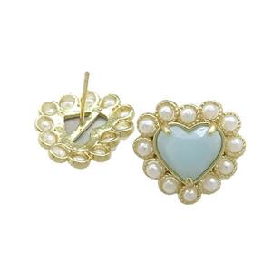 Copper Heart Stud Earring Pave Blue Amazonite Pearlized Resin Gold Plated, approx 18mm