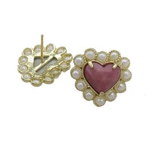 Copper Heart Stud Earring Pave Pink Wood Lace Jasper Pearlized Resin Gold Plated, approx 18mm