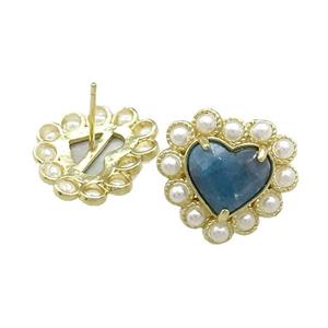 Copper Heart Stud Earring Pave Apatite Pearlized Resin Gold Plated, approx 18mm