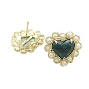 Copper Heart Stud Earring Pave Malachite Pearlized Resin Gold Plated, approx 18mm
