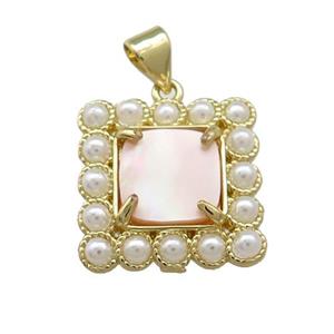 Copper Square Pendant Pave Pink Queen Shell Pearlized Resin Gold Plated, approx 17x17mm