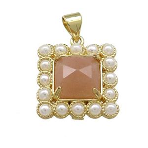Copper Square Pendant Pave Peach Sunstone Pearlized Resin Gold Plated, approx 17x17mm
