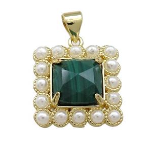 Copper Square Pendant Pave Malachite Pearlized Resin Gold Plated, approx 17x17mm