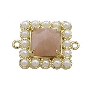 Copper Square Connector Pave Peach Sunstone Pearlized Resin Gold Plated, approx 17x17mm