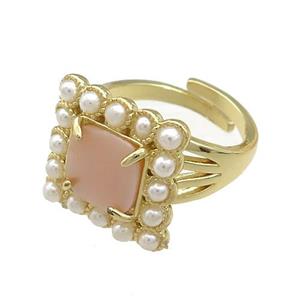 Copper Rings Pave Pink Queen Shell Pearlized Resin Square Adjustable Gold Plated, approx 17x17mm, 18mm dia