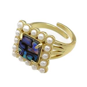 Copper Rings Pave Abalone Shell Pearlized Resin Square Adjustable Gold Plated, approx 17x17mm, 18mm dia