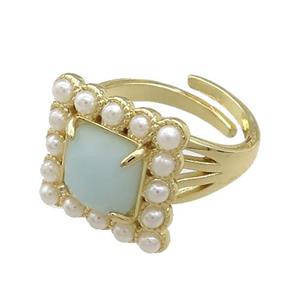Copper Rings Pave Amazonite Pearlized Resin Square Adjustable Gold Plated, approx 17x17mm, 18mm dia