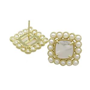 Copper Stud Earrings Pave White Shell Pearlized Resin Square Gold Plated, approx 17x17mm