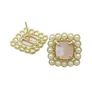 Copper Stud Earrings Pave Pink Queen Shell Pearlized Resin Square Gold Plated, approx 17x17mm