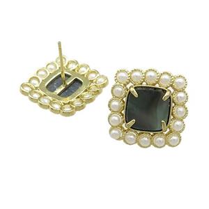 Copper Stud Earrings Pave Gray Abalone Shell Pearlized Resin Square Gold Plated, approx 17x17mm