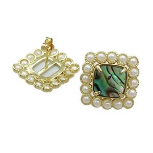 Copper Stud Earrings Pave Abalone Shell Pearlized Resin Square Gold Plated, approx 17x17mm