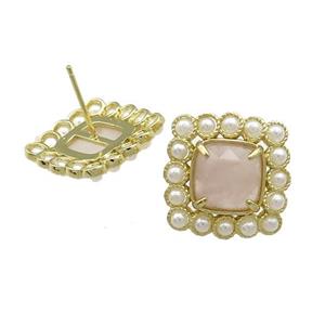 Copper Stud Earrings Pave Rose Quartz Pearlized Resin Square Gold Plated, approx 17x17mm