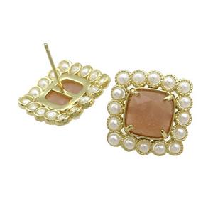 Copper Stud Earrings Pave Peach Sunstone Pearlized Resin Square Gold Plated, approx 17x17mm