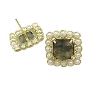 Copper Stud Earrings Pave Labradorite Pearlized Resin Square Gold Plated, approx 17x17mm