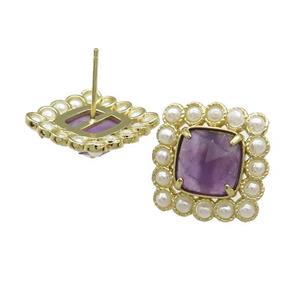 Copper Stud Earrings Pave Amethyst Pearlized Resin Square Gold Plated, approx 17x17mm
