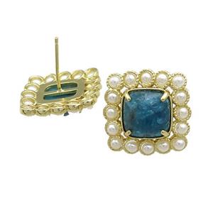 Copper Stud Earrings Pave Apatite Pearlized Resin Square Gold Plated, approx 17x17mm