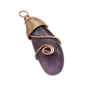 Natural Purple Amethyst Teardrop Pendant Copper Wire Wrapped Rose Gold, approx 10-27mm