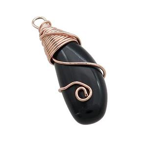 Black Obsidian Teardrop Pendant Copper Wire Wrapped Rose Gold, approx 10-27mm