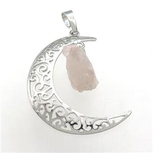 Copper Moon Pendant With Rose Quartz Platinum Plated, approx 10-16mm, 30-40mm