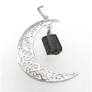 Copper Moon Pendant With Black Tourmaline Platinum Plated, approx 10-16mm, 30-40mm