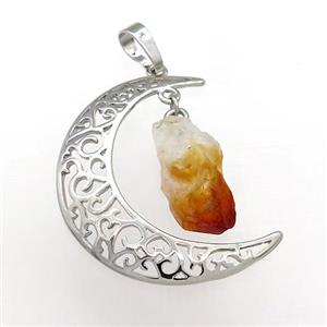Copper Moon Pendant With Citrine Platinum Plated, approx 10-16mm, 30-40mm