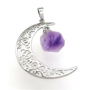 Copper Moon Pendant With Amethyst Platinum Plated, approx 10-16mm, 30-40mm