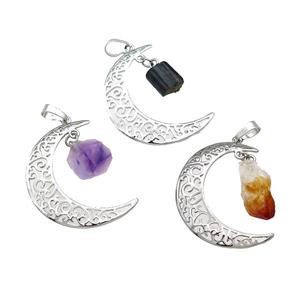 Copper Moon Pendant With Gemstone Platinum Plated Mixed, approx 10-16mm, 30-40mm