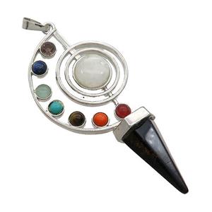 Alloy Chakra Pendant Pave Gemstone Black Obsidian Agate Platinum Plated, approx 30-65mm