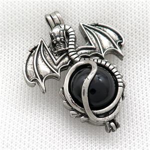 Alloy Dragon Charms Pendant Pave Black Obsidian Antique Silver, approx 16mm, 36-50mm
