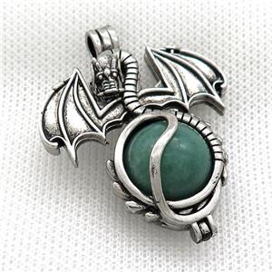 Alloy Dragon Charms Pendant Pave Green Aventurine Antique Silver, approx 16mm, 36-50mm