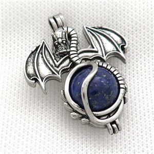 Alloy Dragon Charms Pendant Pave Blue Lapis Lazuli Antique Silver, approx 16mm, 36-50mm