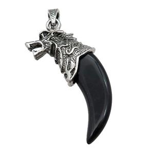 Alloy Wolf Pendant Pave Black Obsidian Antique Silver, approx 20-55mm