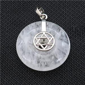 Natural Clear Quartz Donut Pendant With Alloy David Star, approx 30mm