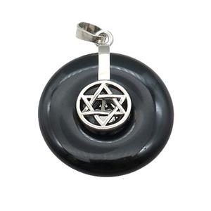 Natural Black Obsidian Donut Pendant With Alloy David Star, approx 30mm