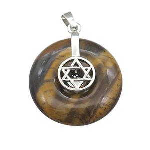 Natural Tiger Eye Stone Donut Pendant With Alloy David Star, approx 30mm