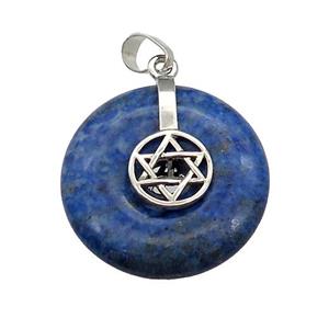 Natural Blue Lapis Lazuli Donut Pendant With Alloy David Star, approx 30mm