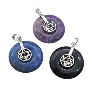 Natural Gemstone Donut Pendant With Alloy David Star Mixed, approx 30mm