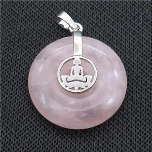 Natural Pink Rose Quartz Donut Pendant With Alloy Buddha OM, approx 30mm