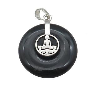 Black Obsidian Donut Pendant With Alloy Buddha OM, approx 30mm