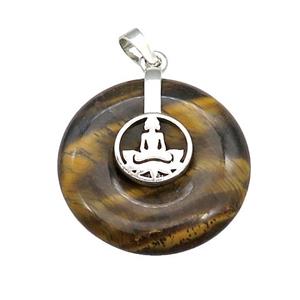 Natural Tiger Eye Stone Donut Pendant With Alloy Buddha OM, approx 30mm