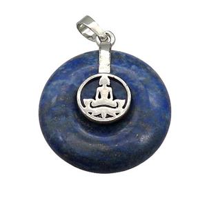 Natural Blue Lapis Lazuli Donut Pendant With Alloy Buddha OM, approx 30mm