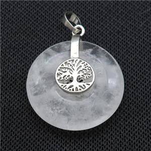 Natural Clear Quartz Donut Pendant With Alloy Tree Of Life, approx 30mm