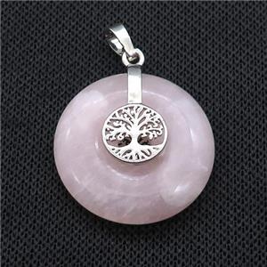 Natural Pink Rose Quartz Donut Pendant With Alloy Tree Of Life, approx 30mm