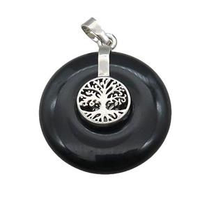 Natural Black Obsidian Donut Pendant With Alloy Tree Of Life, approx 30mm