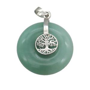 Natural Green Aventurine Donut Pendant With Alloy Tree Of Life, approx 30mm