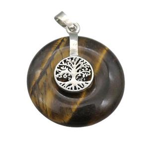 Natural Tiger Eye Stone Donut Pendant With Alloy Tree Of Life, approx 30mm